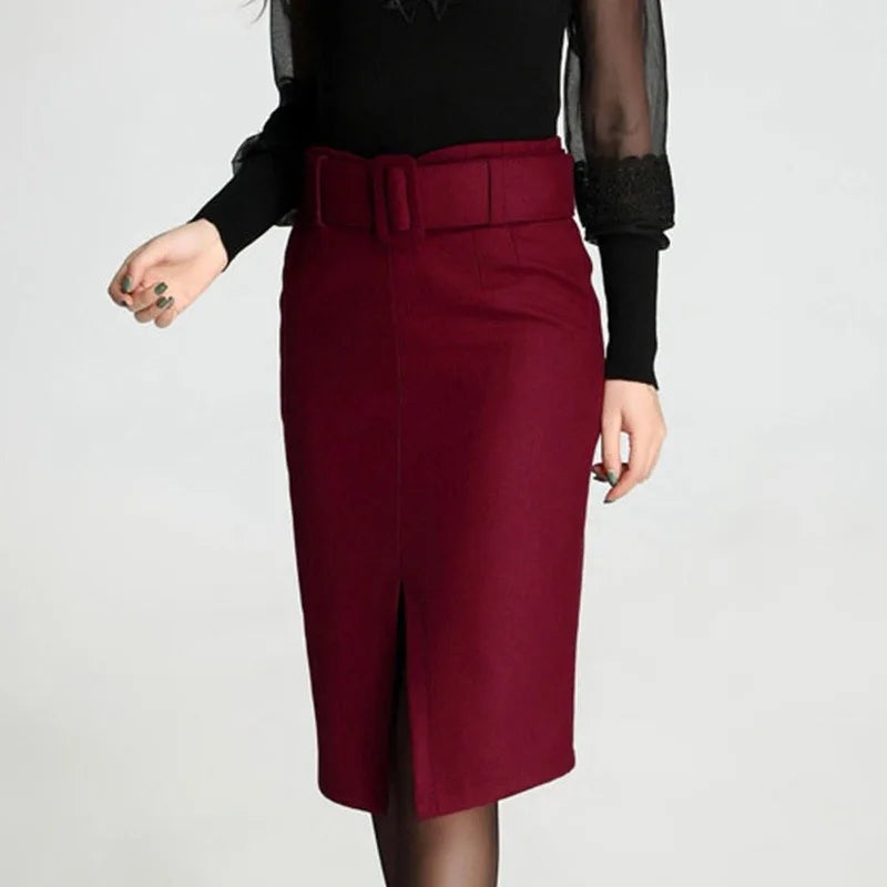 Woll-Bleistiftrock mit Gürtel – Eleganter High-Waist Mid-Length Rock in großen Größen